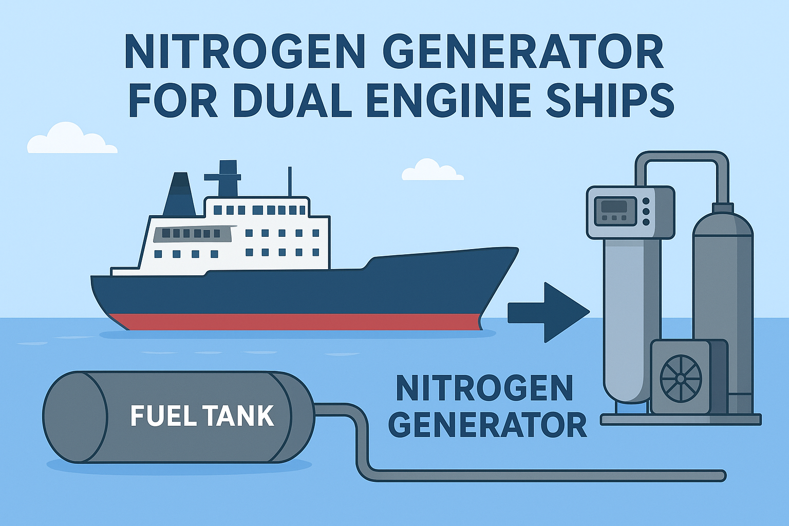 Infographic on why dual-engine ships need a nitrogen generator—fuel tank explosion prevention, added redundancy/safety, long-distance efficiency, international compliance—plus how it works (compressed air, PSA/membrane separation, nitrogen storage/distribution, monitoring).