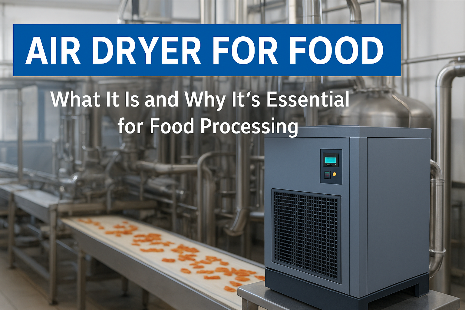 Air dryer for food infographic showing types, benefits, and applications, plus how it works for compressed air systems and food surface drying (air knives).