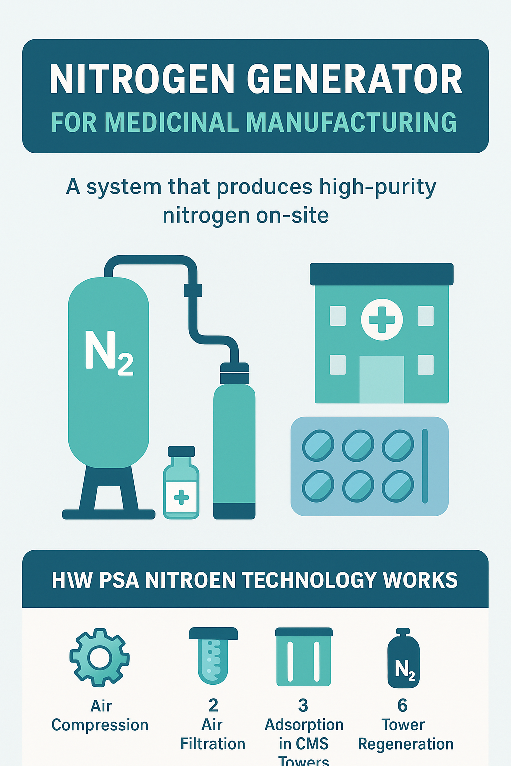 Nitrogen generator for medicinal manufacturing infographic showing on-site high-purity N2 supply and PSA steps: air compression, filtration, CMS adsorption, and tower regeneration.
