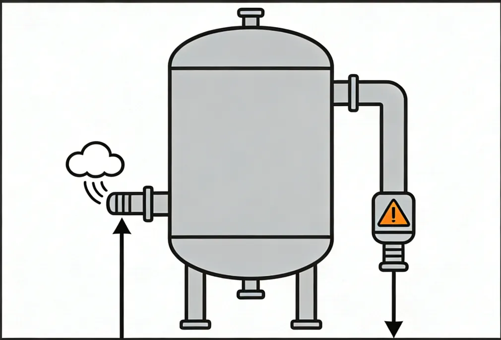 Diagram of an industrial pressure tank showing steam entering from the left inlet and exiting through a right-side pipe with a warning valve.