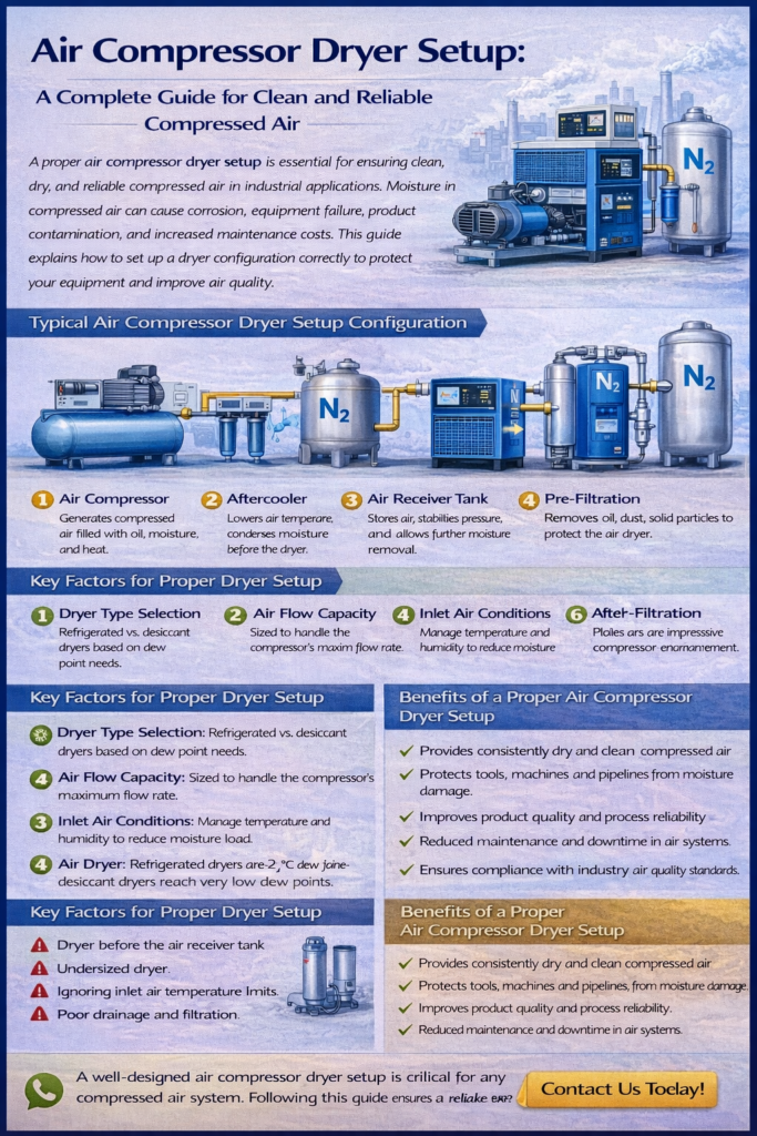 Infographic “Air Compressor Dryer Setup” showing a typical compressed-air system layout (compressor, aftercooler, receiver tank, pre-filtration, air dryer, nitrogen/air tanks), key setup factors, common mistakes, benefits, and a “Contact Us Today” call to action.