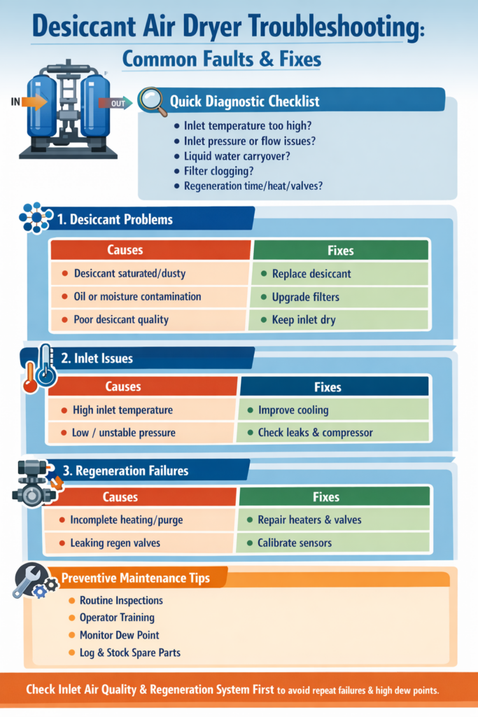 Desiccant air dryer troubleshooting infographic with a quick diagnostic checklist, causes & fixes for desiccant, inlet, and regeneration issues, plus preventive maintenance tips.