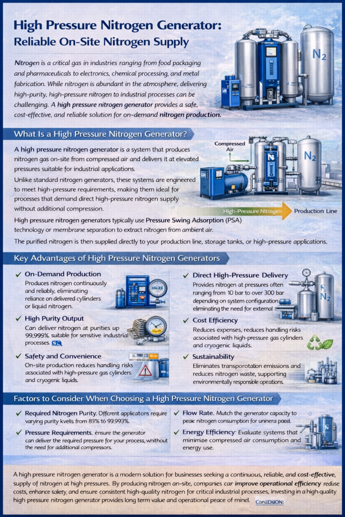 Infographic about a high-pressure nitrogen generator for reliable on-site N₂ supply, explaining what it is, PSA/membrane process, key advantages (purity, direct high-pressure delivery, cost, safety, sustainability), and selection factors.