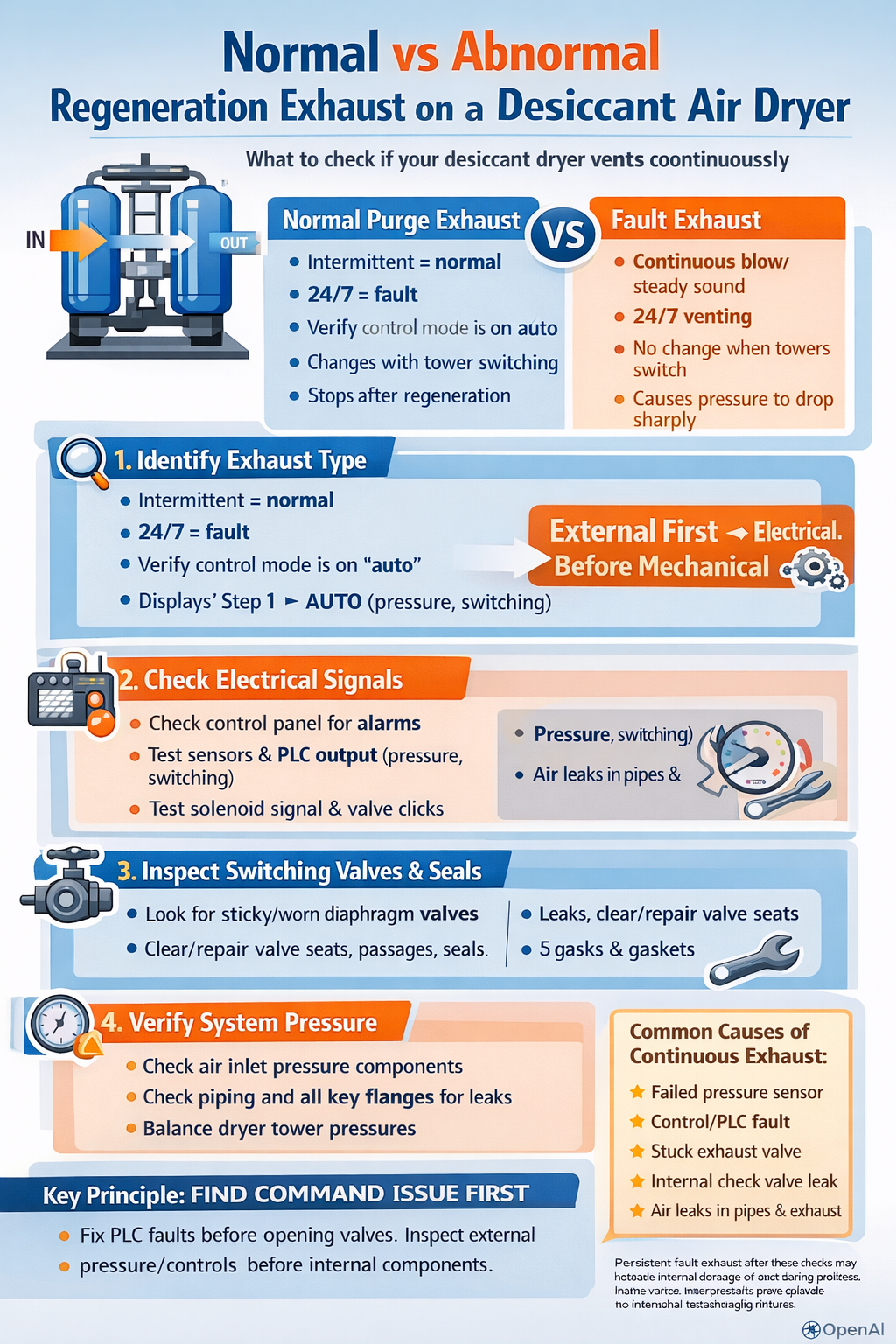 Infographic comparing normal vs abnormal regeneration exhaust on a desiccant air dryer, with signs of continuous venting faults and a step-by-step checklist to troubleshoot controls, valves, seals, and system pressure.