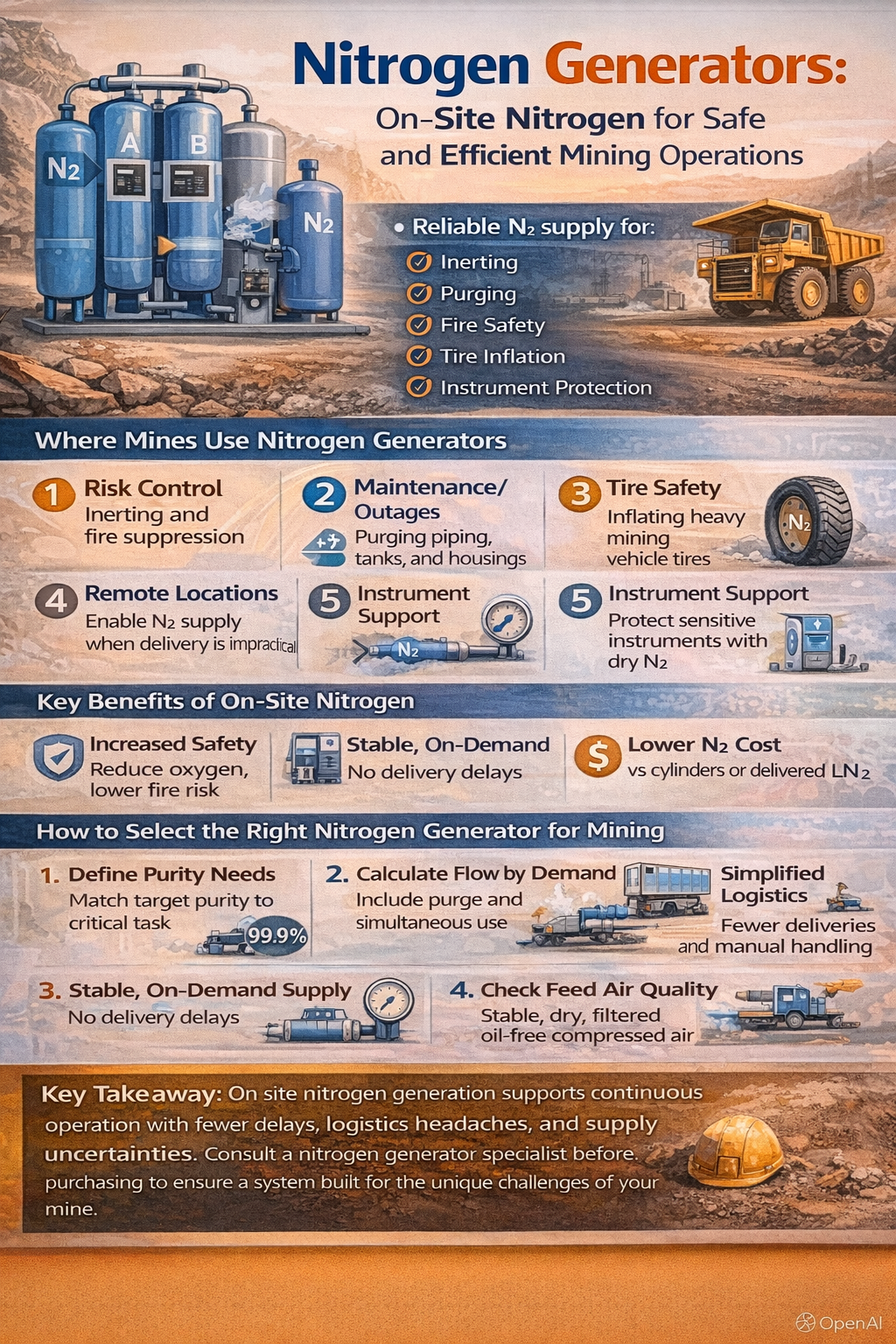 Infographic on nitrogen generators for mining, showing key uses (inerting, purging, fire safety, tire inflation, instrument support), benefits of on-site N₂ (safer, stable supply, lower cost), and a selection checklist for purity, flow, logistics, and feed air quality.